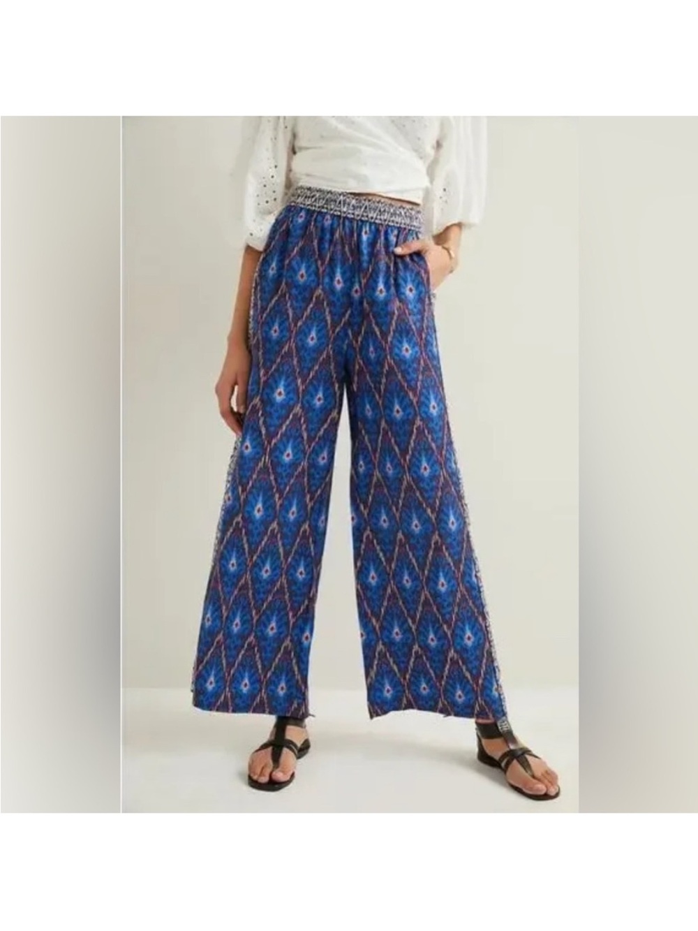 Anthropologie Blue Patterned Wide-Leg Trousers with Printed Side Panels